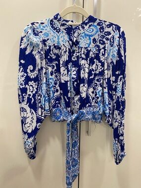 Rachel Zoe Blue and White Paisley Tie-Waist Blouse